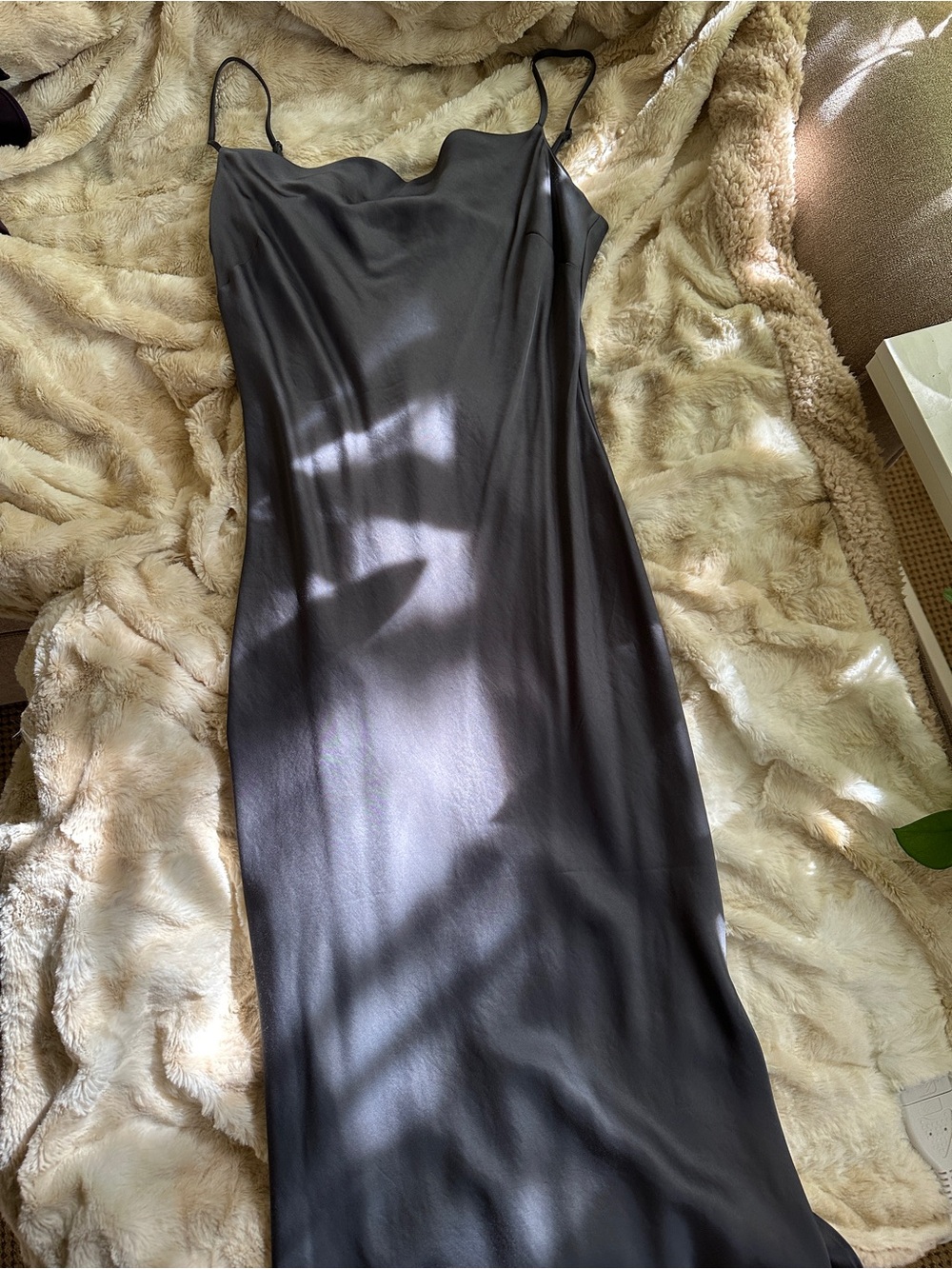 Grey satin cowl neck midi slip dress. Size small